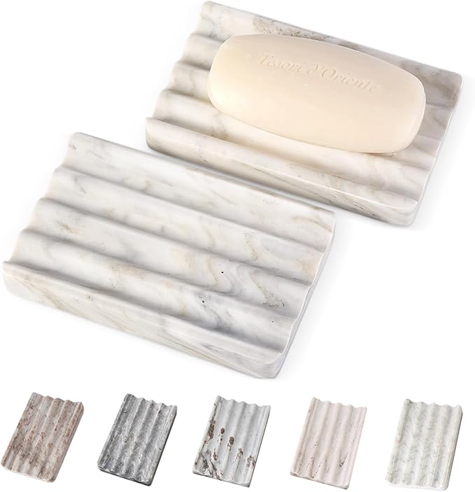 2PCS Koville Italian Natural Marble Soap Dish for Shower, Multi-Color Stone Soap Tray for Bathroom, Bar Soap Holder for Sink, Stripe Grooves Soap Saver Sponge Holder (White/Brown Random)