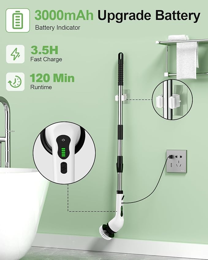 Electric Spin Scrubber, Cordless Cleaning Brush, Shower Scrubber with 9 Brush Heads 2H Power Dual Speed, Adjustable Extension Handle, IPX7 Waterproof for Tub Tile Floor Car, O-White