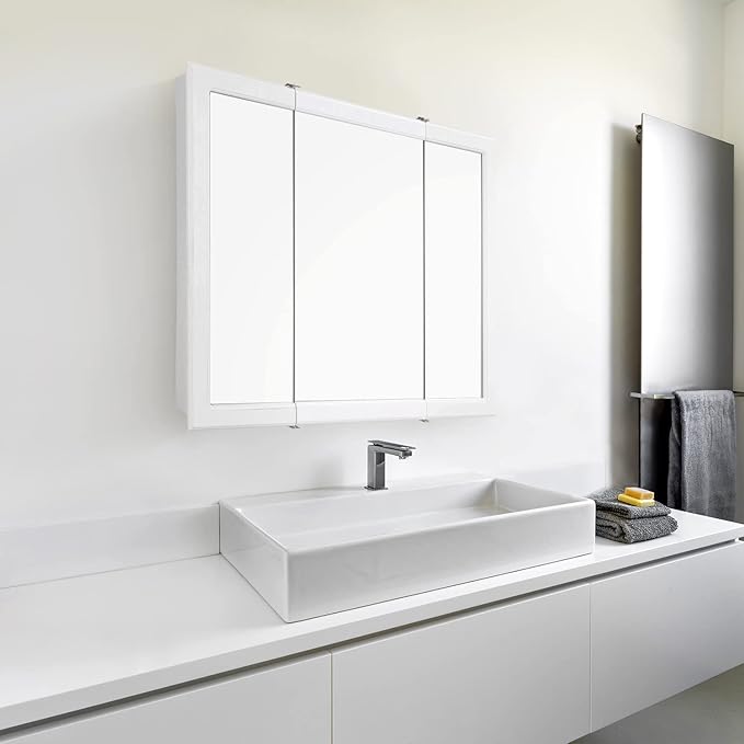 Design House Concord Medicine Cabinet, 3 Mirrored Doors, Pre-Assembled, 3 Fixed Shelves, White Frame Wall Cabinet, 30 in W x 5.25 in D x 30 in H, 531434-WHT