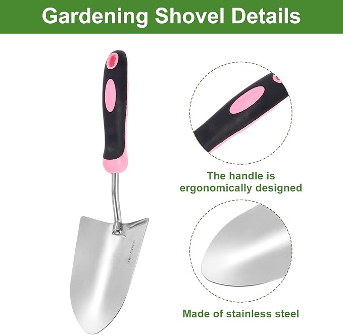 HARFINGTON Garden Hand Shovels 13.23 x 3.39 Stainless Steel Transplanting Trowel with Handle Garden Tools for Gardening Weeding Planting, Pink