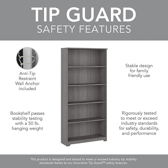 Bush Furniture Cabot Tall 5 Shelf Bookcase | Large Open Bookshelf in Modern Gray | Sturdy Display Cabinet for Library, Living Room, and Home Office