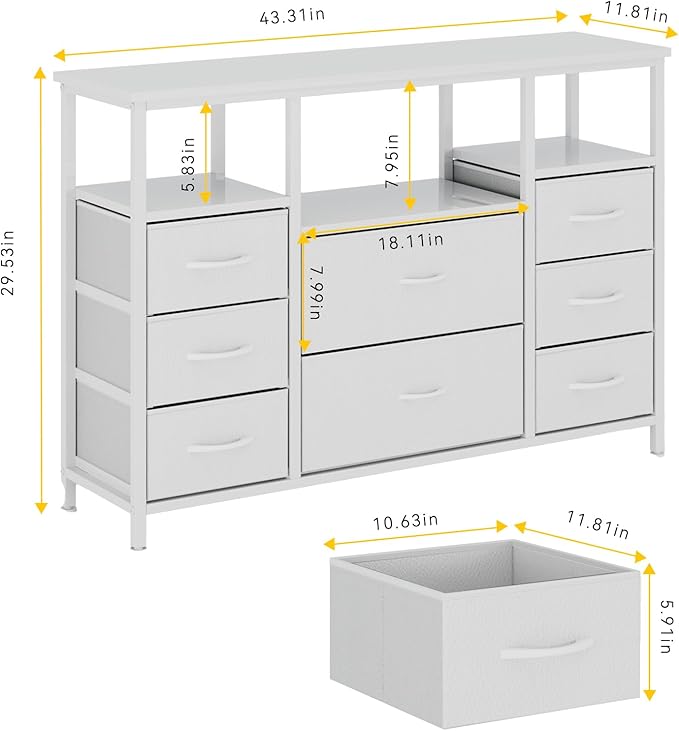 8-Drawer Fabric Dresser TV Stand for 40" TV - Sturdy Steel Frame & Wood Top Chest of Drawers, Lightweight Storage Organizer for Bedroom, Closet, Entryway (43.31" Wide, White)