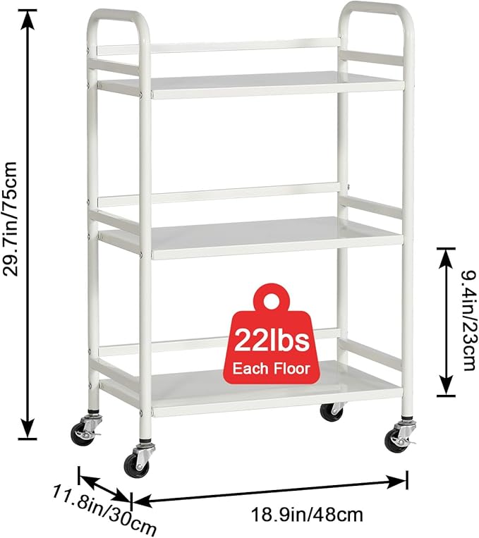HDANI 3 Tier Rolling Cart Shelves,Heavy Duty Multifunctional Metal Frame-Supports 22 Lbs Per Tier,Rolling Cart with 2 Lockable Wheels for Home, Office,Kitchen,Bathroom,Bedroom(White)…