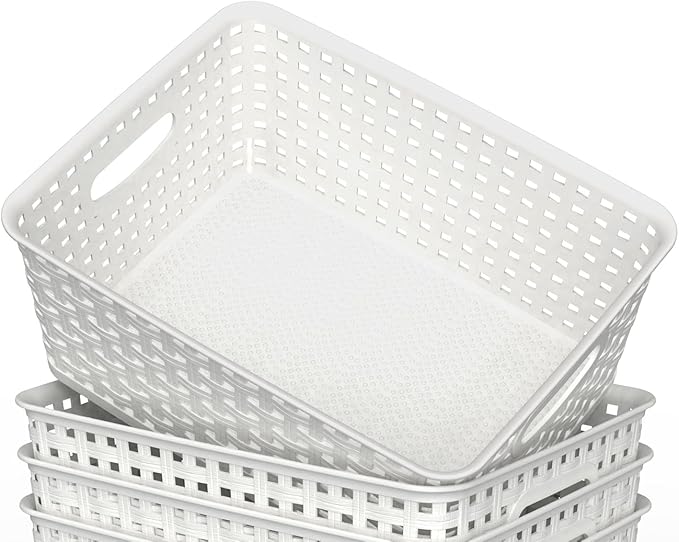 Woven Plastic Storage Baskets, 6 Pack White Weave Bins Organizer, 10.1" x 7.55" x 4.1"