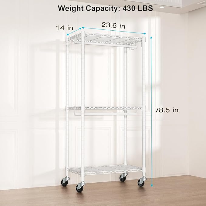 P3 Mini Rolling Clothes Rack, Clothing Racks for Hanging Clothes, Heavy Duty Garment Rack, Freestanding Portable Closet Rack 23.6'' W x 14'' D x 78.5'' H, Max Load 430 Lbs, White