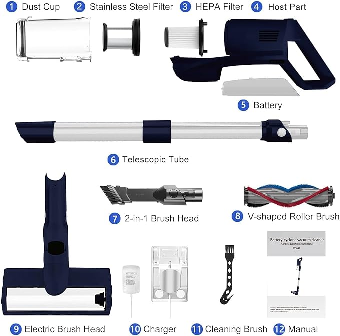 whall Cordless Vacuum Cleaner, Upgraded Strong Suction Brushless Motor Cordless Stick Vacuum Cleaner,Lightweight Handheld Vacuum for Home Pet Hair Carpet Hard Floor,up to 55mins Runtime,Blue