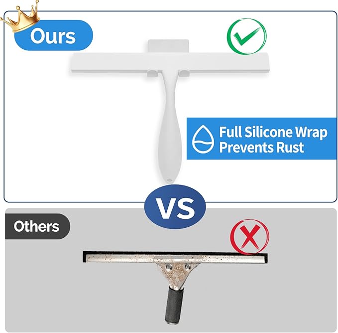 FY&XZH Never Rust Silicone Shower Squeegee for Glass Doors with Hook, Bathroom Cleaner Tool, Household Window and Mirror Squeegee, Ergonomic Thick Handle Squeegee for Shower Glass, 11-Inch (White)