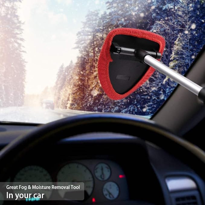 TAKAVU Windshield Window Cleaner Tool, Extendable Long-Reach Handle, Unique Pivoting Triangular Head, 3 Washable Reusable Microfiber Bonnets, Car & Home Inside Interior Exterior Use - Lint Free (Red)