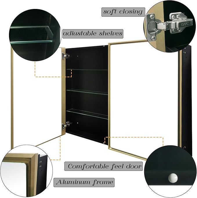 Medicine Cabinet with Aluminum Framed Mirror,36"x32" Surface Mount or Recessed Mount Bathroom Vanity Mirror,Single Door Bathroom Mirror with Storage Cabinet