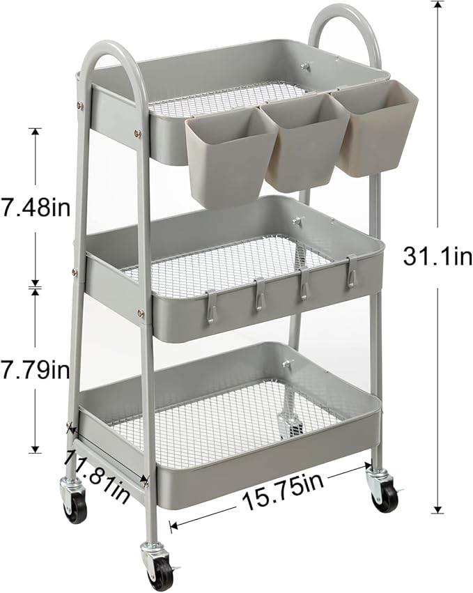 danpinera 3-Tier Rolling Cart, Metal Rolling Storage Cart with Lockable Wheels & Hanging Cups & Hooks, Mobile Trolley Cart for Kitchen, Bathroom, Office, Workshop, Gray