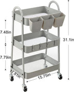 danpinera 3-Tier Rolling Cart, Metal Rolling Storage Cart with Lockable Wheels & Hanging Cups & Hooks, Mobile Trolley Cart for Kitchen, Bathroom, Office, Workshop, Gray