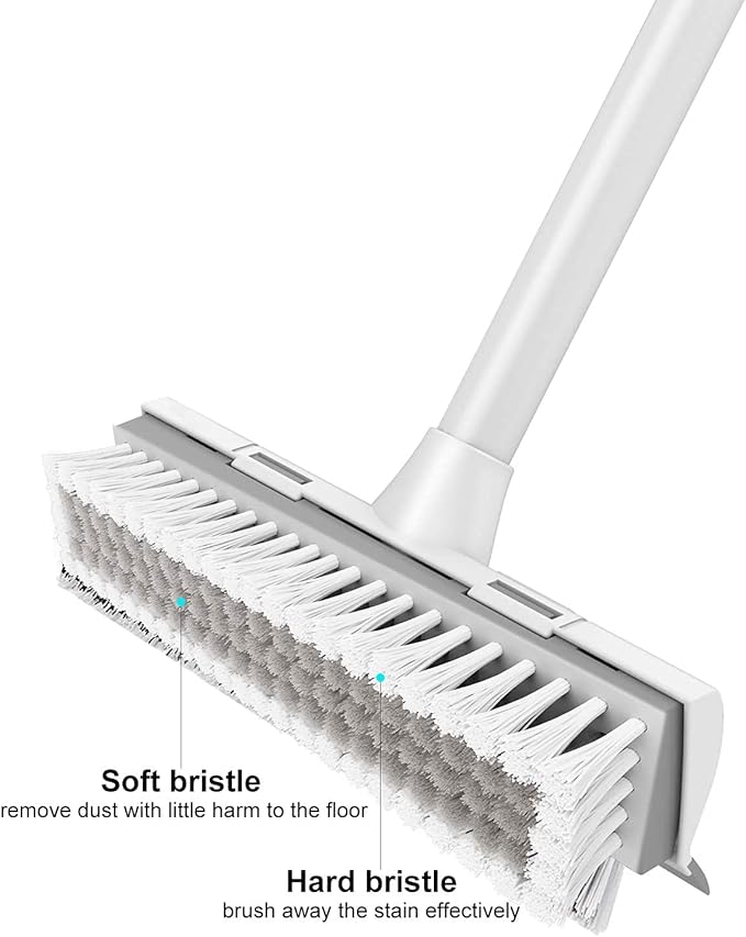 BOOMJOY 2 Pack Floor Scrub Brush with Long Handle, 2 in 1 Scrape and Brush, for Cleaning Deck, Tile, Grout, Kitchen, Patio, Garages