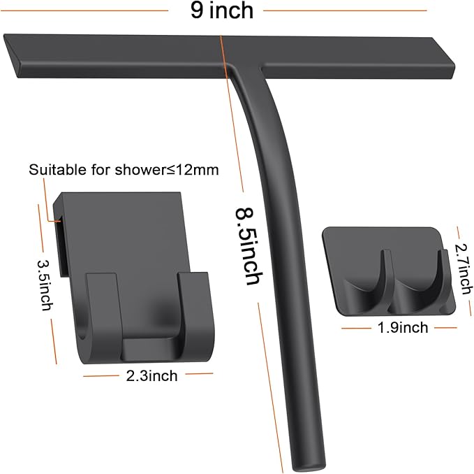 Squeegee, Matte Black 9 inch, Streak Free Cleaning, Shower Squeegee for Glass Doors, Bathroom, Shower Doors, Mirrors, Tiles and Car Windows,Silicone Squeegees,Shower Cleaner with 2 Hooks.