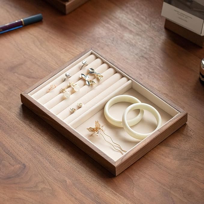 Black Walnut Wooden Jewelry Tray Organizer with Velvet Lining - Jewelry Storage & Display Tray for Rings, Earrings, Bracelets, Watches - Multi-Functional Drawer Organizer (1 Grid + 5 Line)