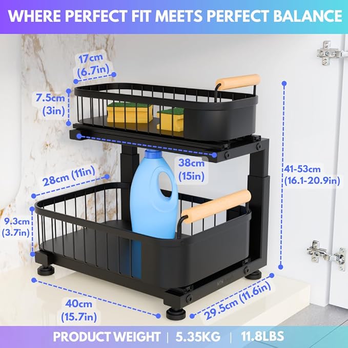 Premium Heavy Duty Carbon Steel Under Sink Organizer, 2 Tier Pull Out Cabinet Organizer, 7 Adjustable Heights with Smooth Ball Bearing Sliding Baskets for Bathroom & Kitchen