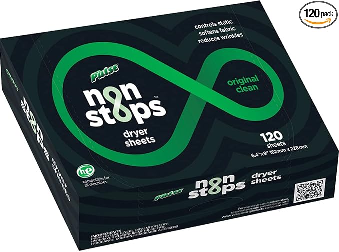 PULSE Non Stops Dryer Sheets - Original Clean Scented Laundry Fabric Softener Sheets - Reduces Wrinkles - Controls Static - Softens Fabric (120 Count)