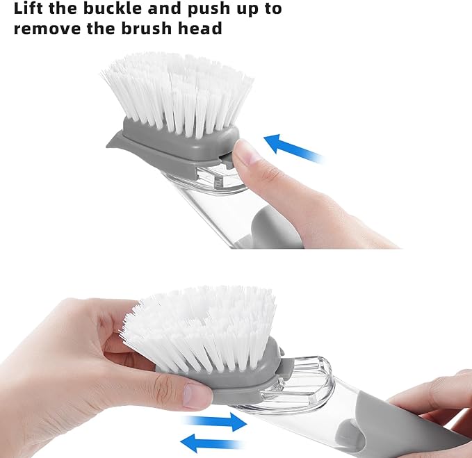 SUBEKYU Dish Brushes with Soap Dispenser, Kitchen Dish Scrubber Brushes with Handle, Dishwashing Cleaning Scrubbers for Dishes/Pans/Pots, Grey 2Pack