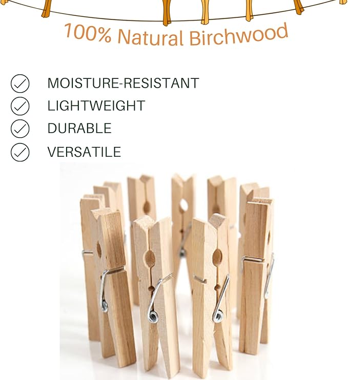 Wood Clothes Pin,Natural Birchwood Clothespins,Strong Grip,Heavy Duty Outdoor Clothes Clips for Hanging Clothes, Art, Crafts, Photo Displays,3.55 Inch,Pack of 24