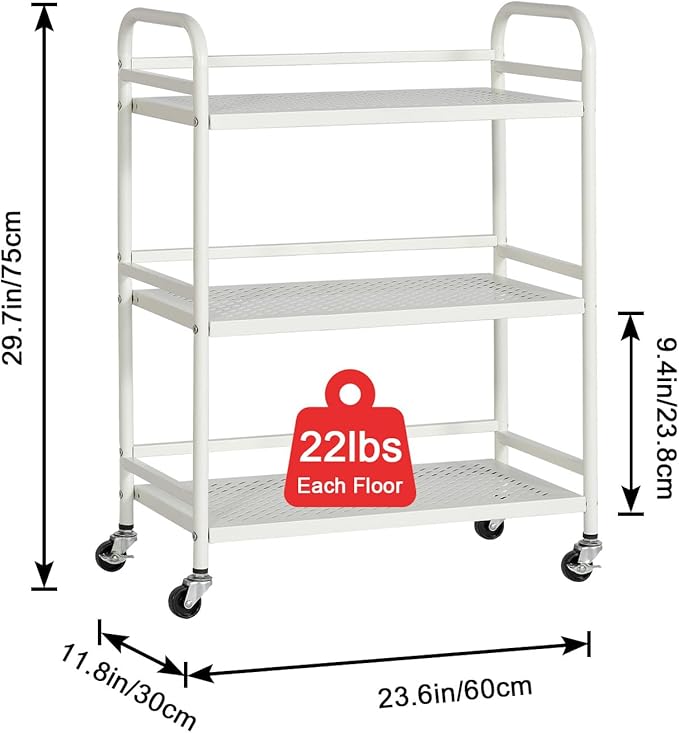HDANI 3 Tier Metal Rolling Heavy Cart Supports 40 Lbs Per Tier,Rolling Cart with 2 Lockable Wheels for Office,Home,Bedroom,Kitchen,Bathroom(White)…