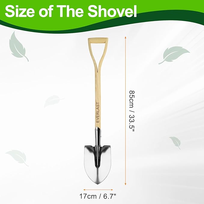 HARFINGTON Digging Shovel 33.5 x 6.7 Stainless Steel Round Spade Shovel with Wooden Handle for Camping Gardening Beach