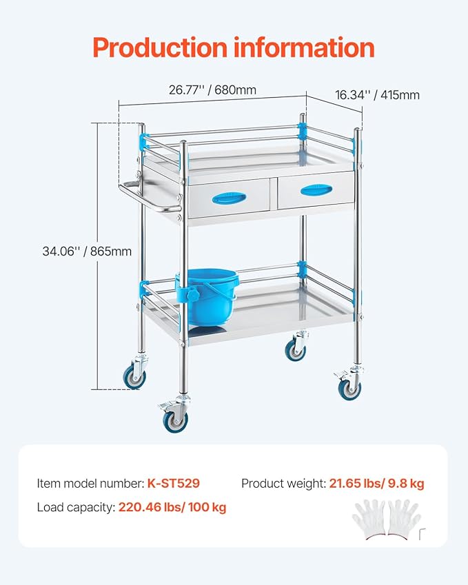 VEVOR Stainless Steel Utility Cart, 2 Layers with Two Lockable Wheels, Ideal for Laboratory, Hospital, Dental Use