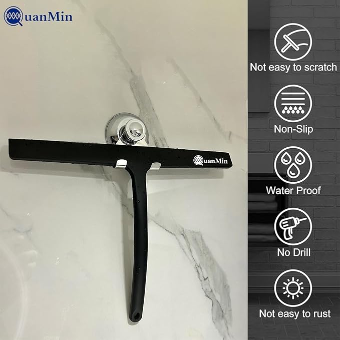 9 Inch Shower Squeegee with Hook - Heavy Duty Glass Door Scraper for Streak-Free Cleaning, Tile Walls, Shower Glass & Car Windows - Rustproof Rubber Blade & Secure Storage (Black)