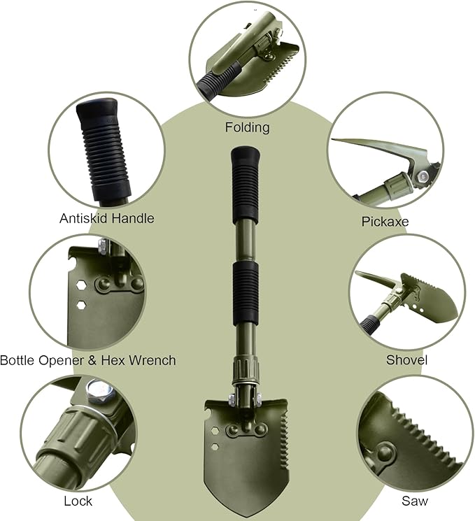 Folding Camping Shovel, Carbon Steel Multi-Tool Survival Shovel for Outdoor, Emergency, Hiking, Car Off-Road (Black)