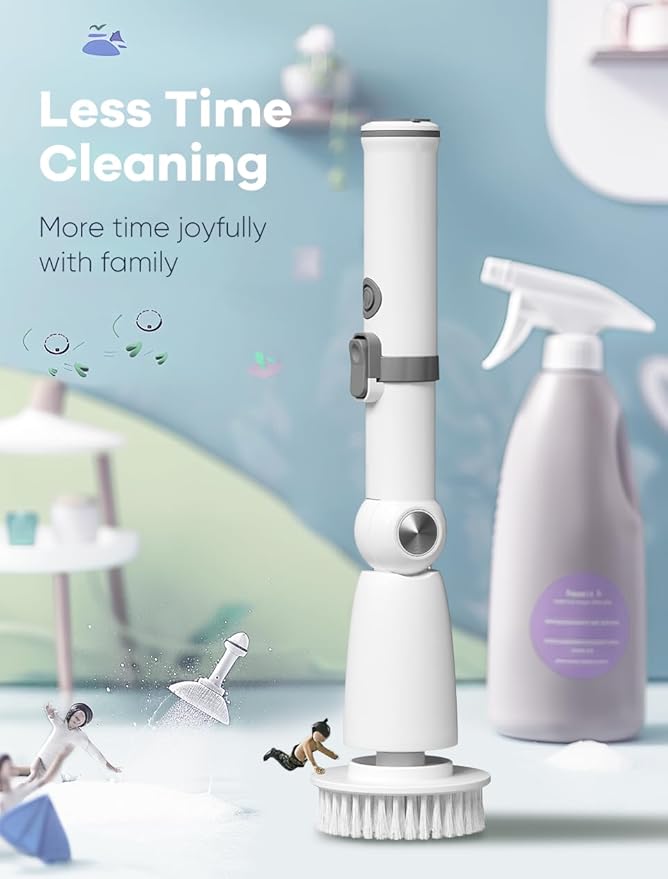 Electric Spin Scrubber,Floor Power Scrubber with Long Handle Dual Speeds,Cleaning Brush Cordless,Shower Scrubber Scrub Brush with 3 Adjustable Angles,8 Brush Heads for Bathroom Tile