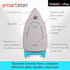 oliso TG1600 ProPlus Smart Iron with Auto-Lift – 1800 Watt Steam Iron for Clothes, Sewing, Quilting & Crafting – Diamond Ceramic-Flow Soleplate, Turquoise