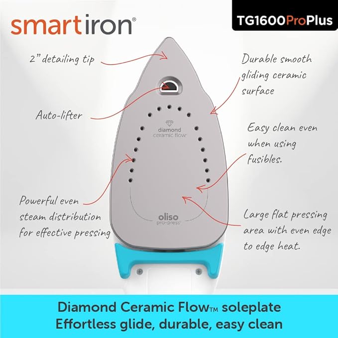 oliso TG1600 ProPlus Smart Iron with Auto-Lift – 1800 Watt Steam Iron for Clothes, Sewing, Quilting & Crafting – Diamond Ceramic-Flow Soleplate, Turquoise