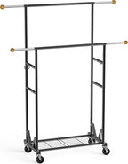 Rolling Garment Rack - Double Rod Clothes Rack with Lockable Casters, Mesh Storage Shelf & Anti-Slip Wooden Finials accented - Sleek Black Freestanding Closet Organizer for Coats, Dresses