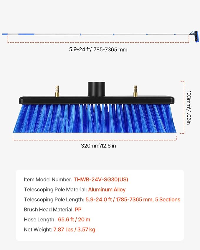 VEVOR Water Fed Pole Kit, 24FT Solar Panel Cleaning Pole with Extendable Handle, 180° Rotatable Brush Head & 65.6FT Hose, Household & Outdoor Window Cleaner Tool for Caravan Solar Panel Deck