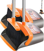 2-Pack is More economical,Upgraded Broom and Dustpan,with 52" Long Handle, Dustpan Teeth with self-Cleaning Function, Indoor and Outdoor Sweeping, Perfect for Home Office (Large Size/Orange /2-Pack)