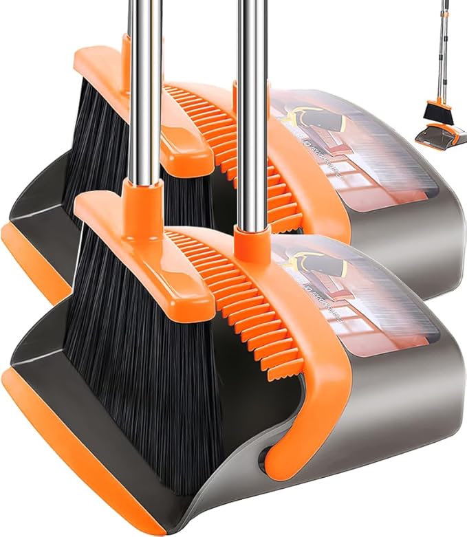 2-Pack is More economical,Upgraded Broom and Dustpan,with 52" Long Handle, Dustpan Teeth with self-Cleaning Function, Indoor and Outdoor Sweeping, Perfect for Home Office (Large Size/Orange /2-Pack)