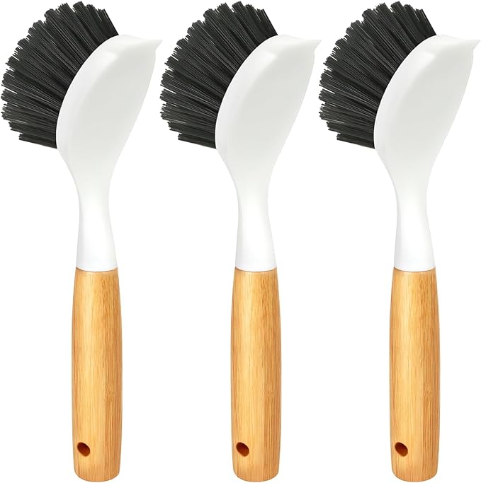 Holikme 3 Pack Cast Iron Brush and Scraper with Bamboo Handle – Skillet Scrubber with Tough Nylon Bristles, Kitchen Cleaner for Cleaning Skillet, Grill Pan, Dark Gray