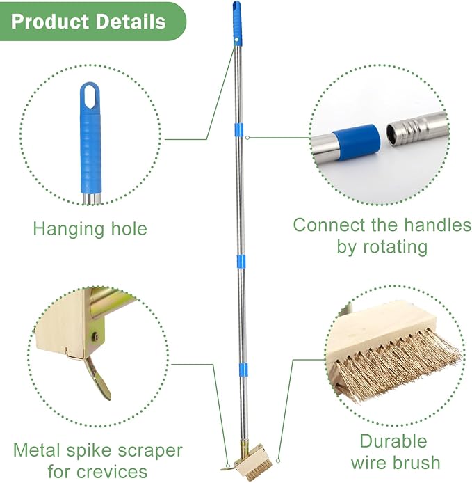 Crack Weeder, Moss Remover Tool, Manual Crevice Weeding Tool, Weed Puller Grout Brush with 67-inch Long Handle for Deck, Paver, Patio, Walkway, Driveway - 2 Weed Brush Heads
