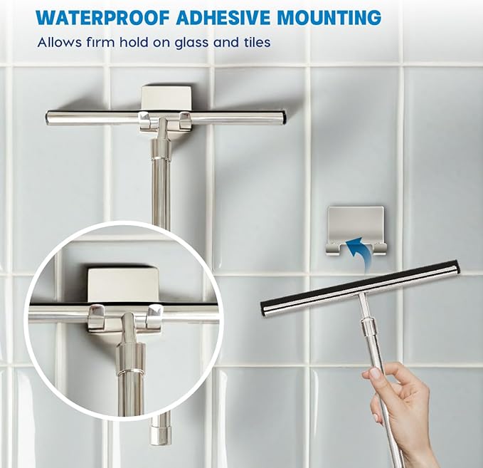 Shower Squeegee with Long Handle and Adhesive Hook. for Glass Doors, Tile Walls, Mirrors and Windows. Telescoping Squeegee for Cleaning. Bathroom Stainless Steel Squeegee, 10inch Wide, Chrome – 1pk