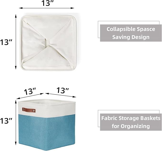 HNZIGE Fabric Storage Cubes Baskets,13 Inch Cube Storage Bins with Handles(4 Pack) Decorative Storage Baskets for Organizing Clothes, Toys, Closet, Nursery (Teal White)