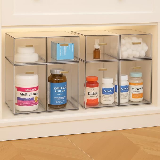 4 Pack Stackable Clear Acrylic Storage Drawers with Golden Handles, Plastic Drawer Organizers for Makeup, Kitchen, Bathroom, Office, Under Sink & Cabinet Organization