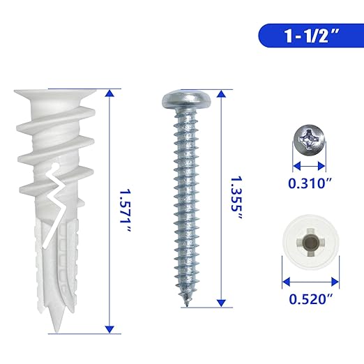 #8 x 1-1/2" Nylon Self-Drilling Drywall Anchors with Screws (100 Anchors+100 Screws), No Pre Drill Hole Required, Hold Up to 75 Lbs