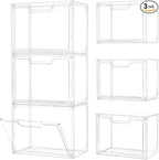 3 Pack Clear Storage Bins with Lids, Storage Containers with Magnetic Door, Stackable Acrylic Display Case for Handbags, Cosmetic, Multifunctional Storage Boxes for Dorm, Living Room, Bedroom Storage