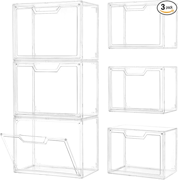 3 Pack Clear Storage Bins with Lids, Storage Containers with Magnetic Door, Stackable Acrylic Display Case for Handbags, Cosmetic, Multifunctional Storage Boxes for Dorm, Living Room, Bedroom Storage