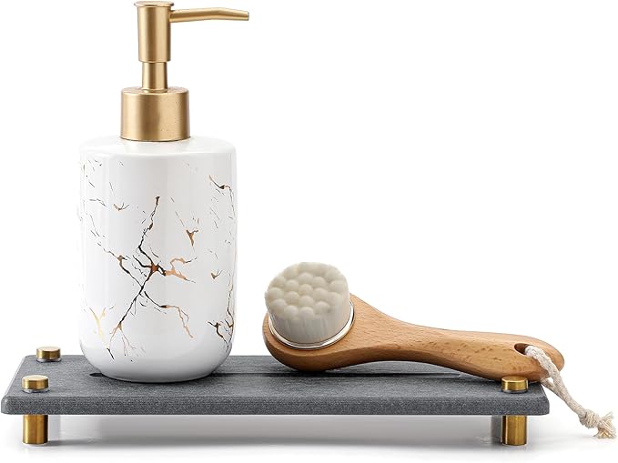 Kitchen Sink Caddy Water Absorbing Stone Drying Tray, Diatomite Bathroom Sink Organizer, Faucet Counter Mat Coaster, Soap Dish Rack Riser Dispenser Sponge Holder, Dark Gray Gold 10" x 4"