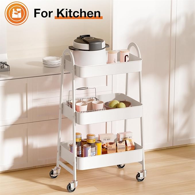 3-Tier Metal Rolling Utility Cart, Small Rolling Cart Kitchen Trolley Bathroom Laundry Room Bar Office Shelves Storage Organizer Shelving Unit with Caster Wheels for Narrow Places, White