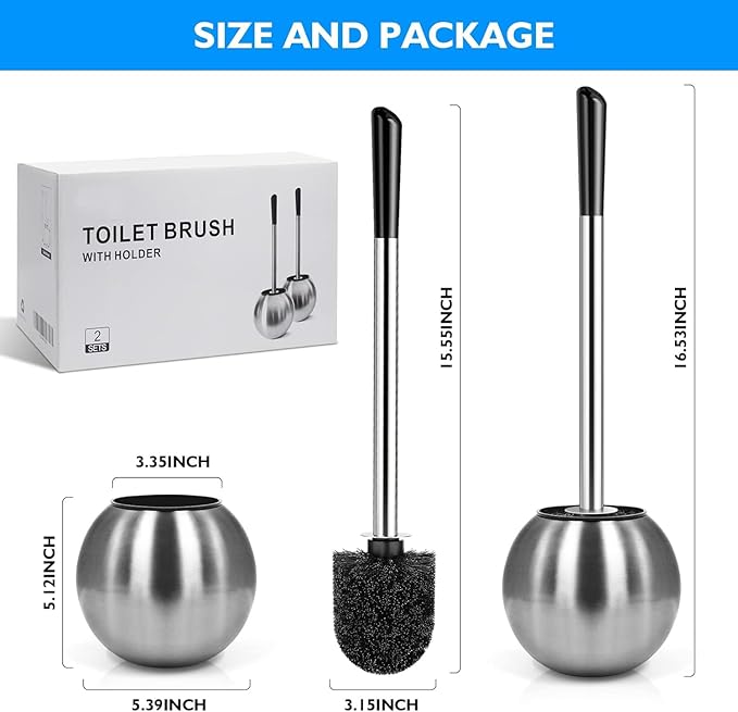 Toilet Brush and Holder 2 Pack, 304 Stainless Steel Toilet Brush with Extended and Durable Comfortable Brush Handle, Toilet Bowl Brush for Bathroom Toilet - Ergonomic, Pratical Durable