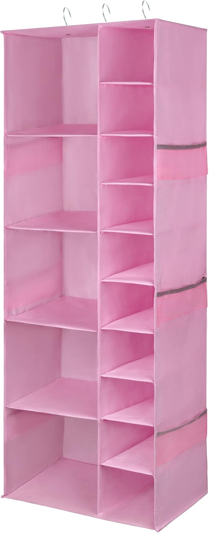 Libeder Shoe Organizer for Closet, 15 Shelf Hanging Closet Storage Shelves - 10 Shoe Rack Organizer and 5 Compartment for Clothes with 6 Side Mesh Pockets for Scarves Socks,Gloves Pink
