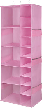 Libeder Shoe Organizer for Closet, 15 Shelf Hanging Closet Storage Shelves - 10 Shoe Rack Organizer and 5 Compartment for Clothes with 6 Side Mesh Pockets for Scarves Socks,Gloves Pink