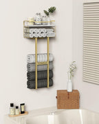 Aetyord Towel Racks for Bathroom - Wall Mounted Metal Rack with Wood Plank, Bathroom Storage Organizer, Towel Holder Stores 6 Large Rolled Towels Easily, Gold and Size XL 31"