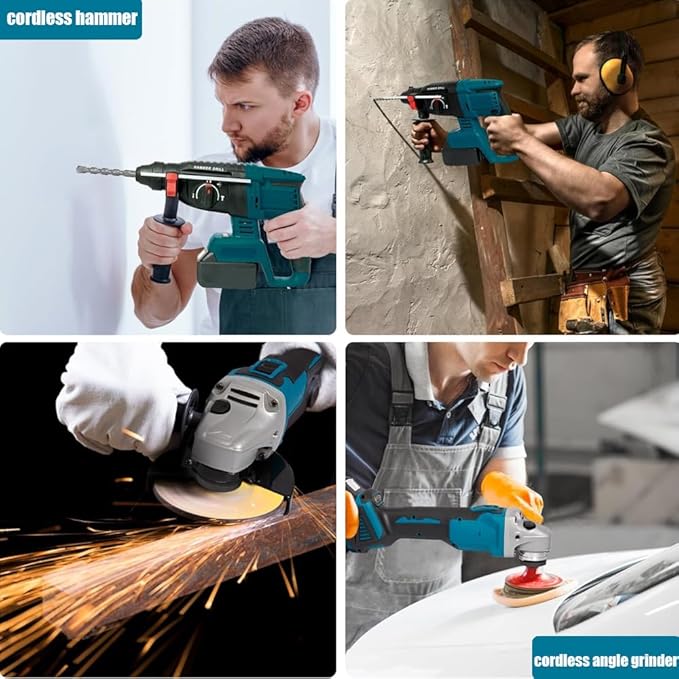 4 Sets Cordless Tools Combo Kit Set SELFIE CAT Drill and Impact Driver Combo High Torque Electric Tools Kit Hammer/Angle Grinder/Impact Wrench/Drill Impact Drill Set With 4 Batteries and 2 Chargers