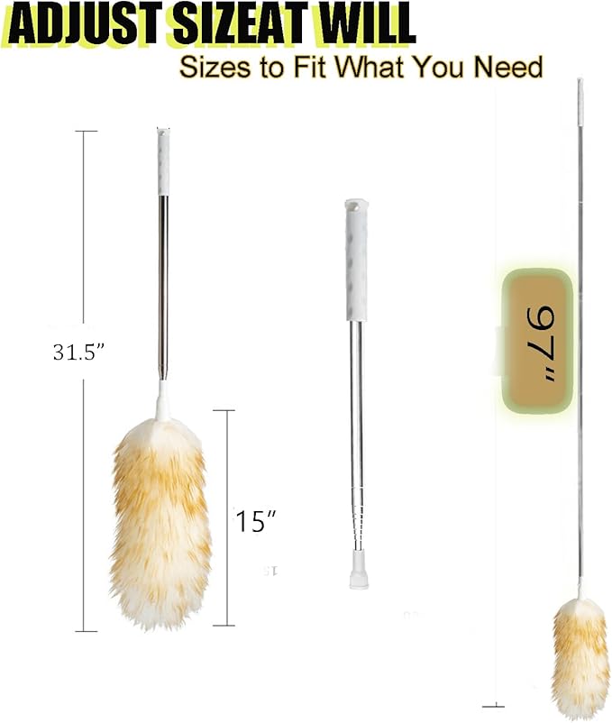 Lambswool Feather Duster with Extension Pole up to 97inch,Extendable Feather Duster Used for Cleaning High Ceiling Fan, High Ceilings,Furniture,Hard to Reach Areas